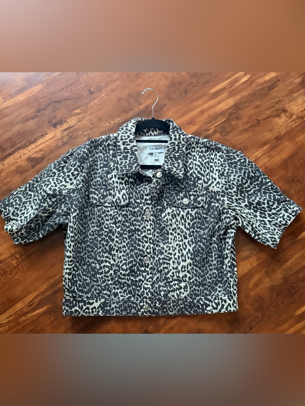 Steve Madden Black and Cream Leopard-Print Denim Jacket